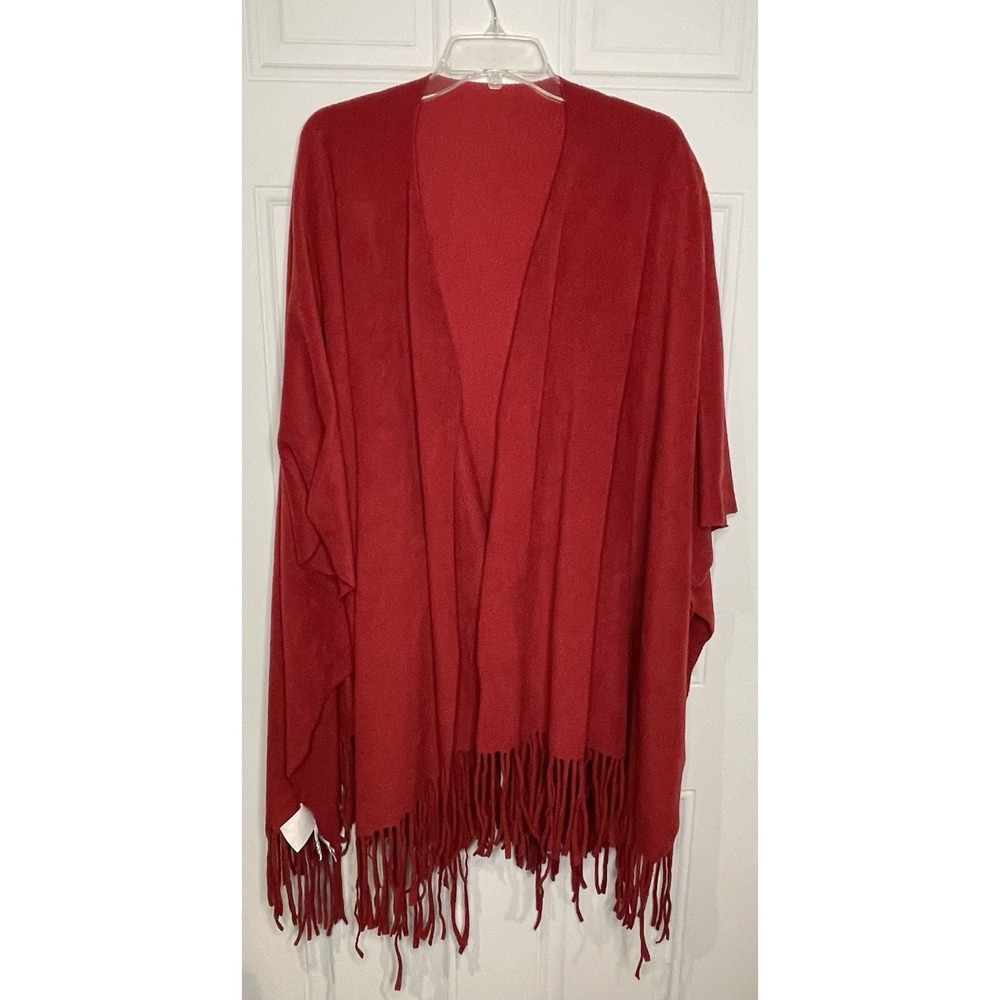All American Comfort Women's One Size Red Fleece Fringed Wrap Coat Cape Poncho